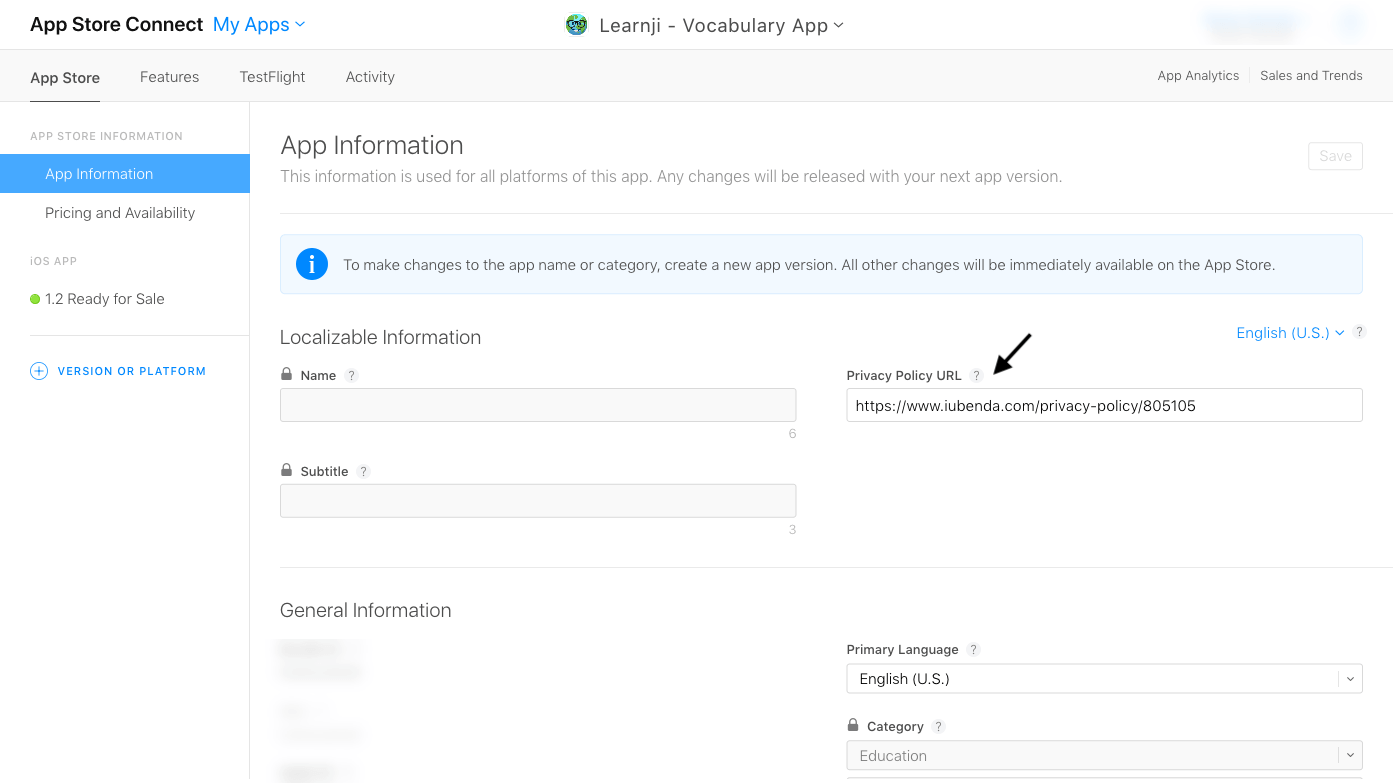 App Store Connect - Privacy Policy URL