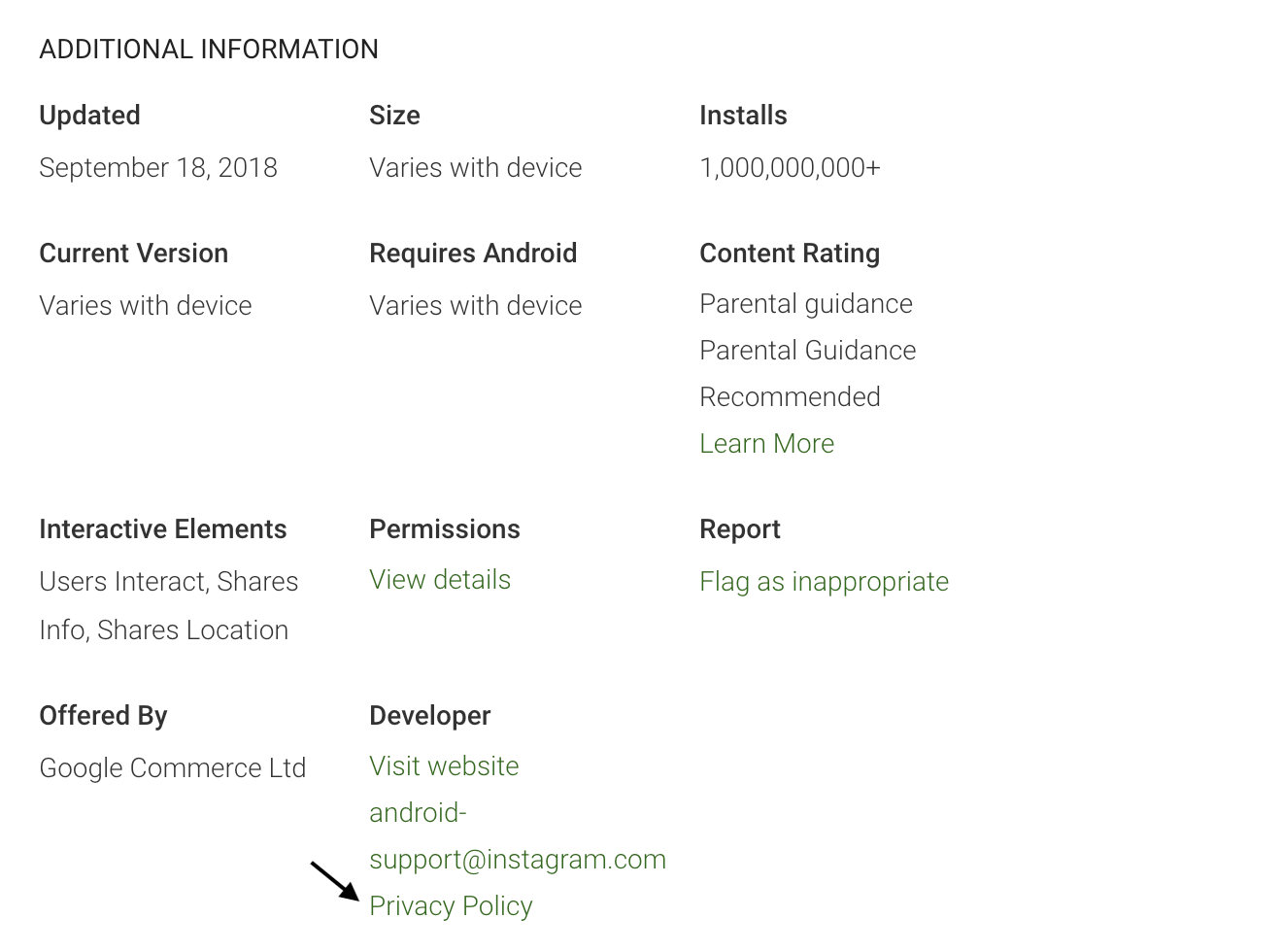 Instagram on the Google Play Store - Privacy Policy link