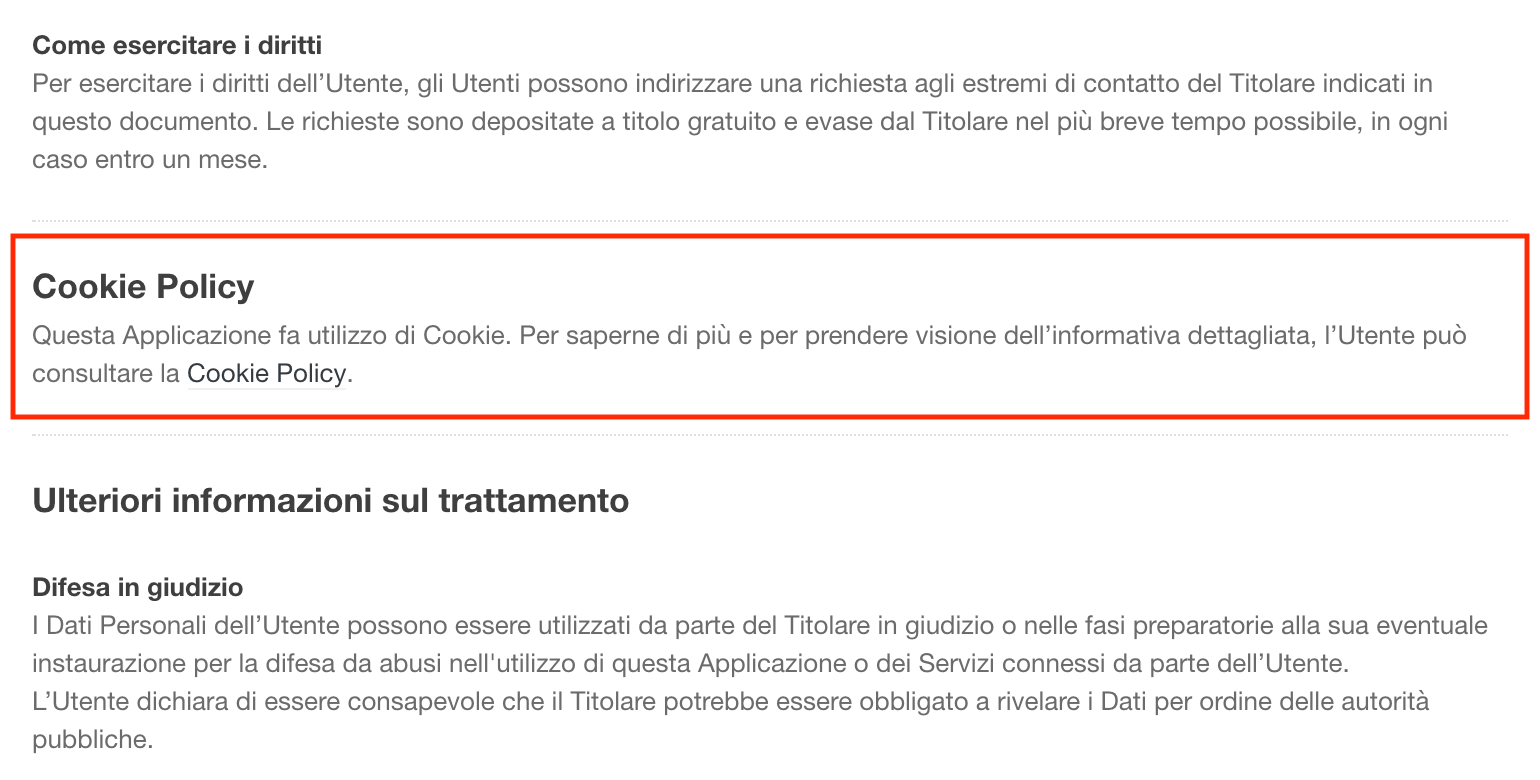Sezione della Cookie Policy all'interno della Privacy Policy