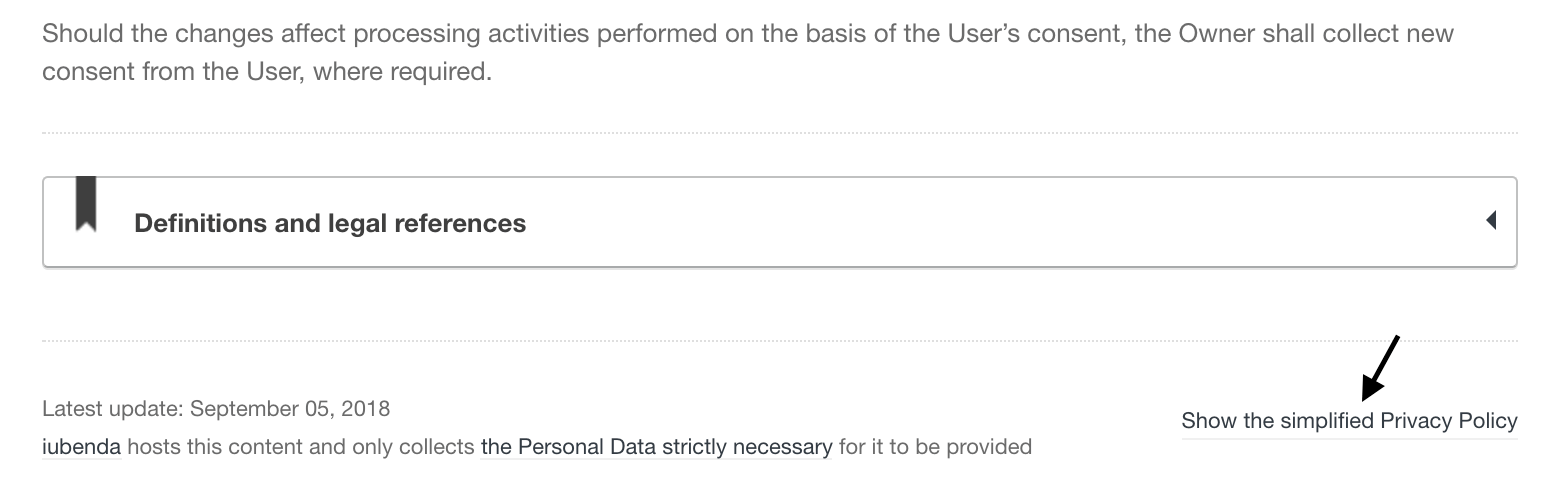 Simplified Privacy Policy link inside the complete privacy policy