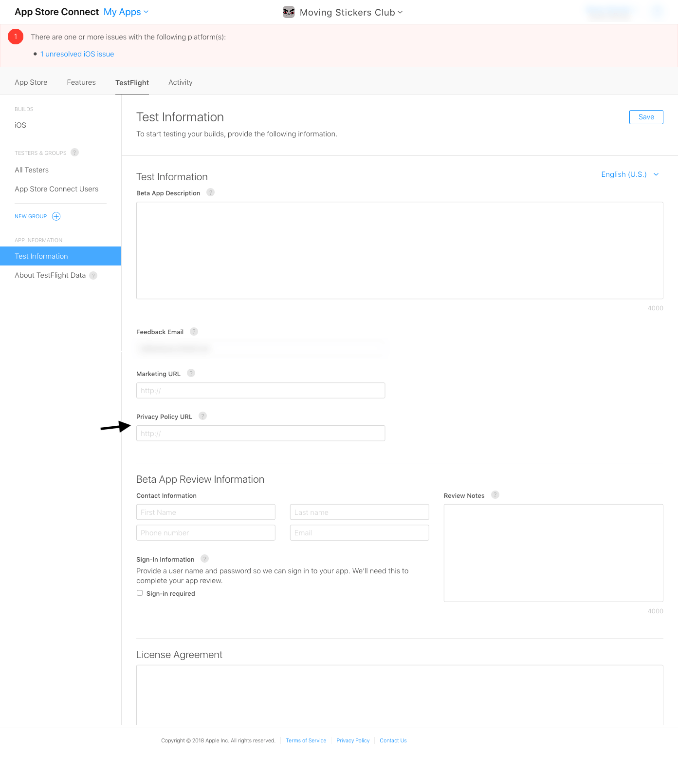 App Store Connect / TestFlight Beta Testing - Privacy Policy URL