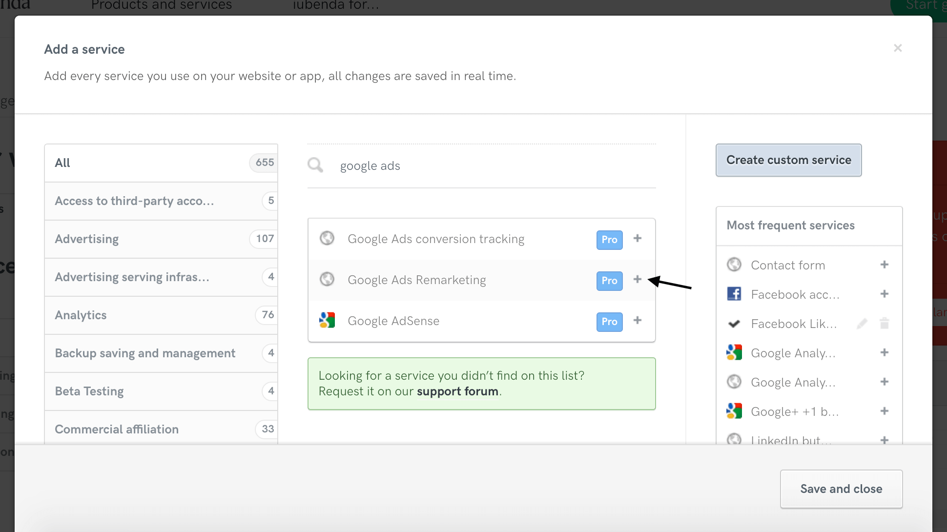 Add 'Google Ads Remarketing' service