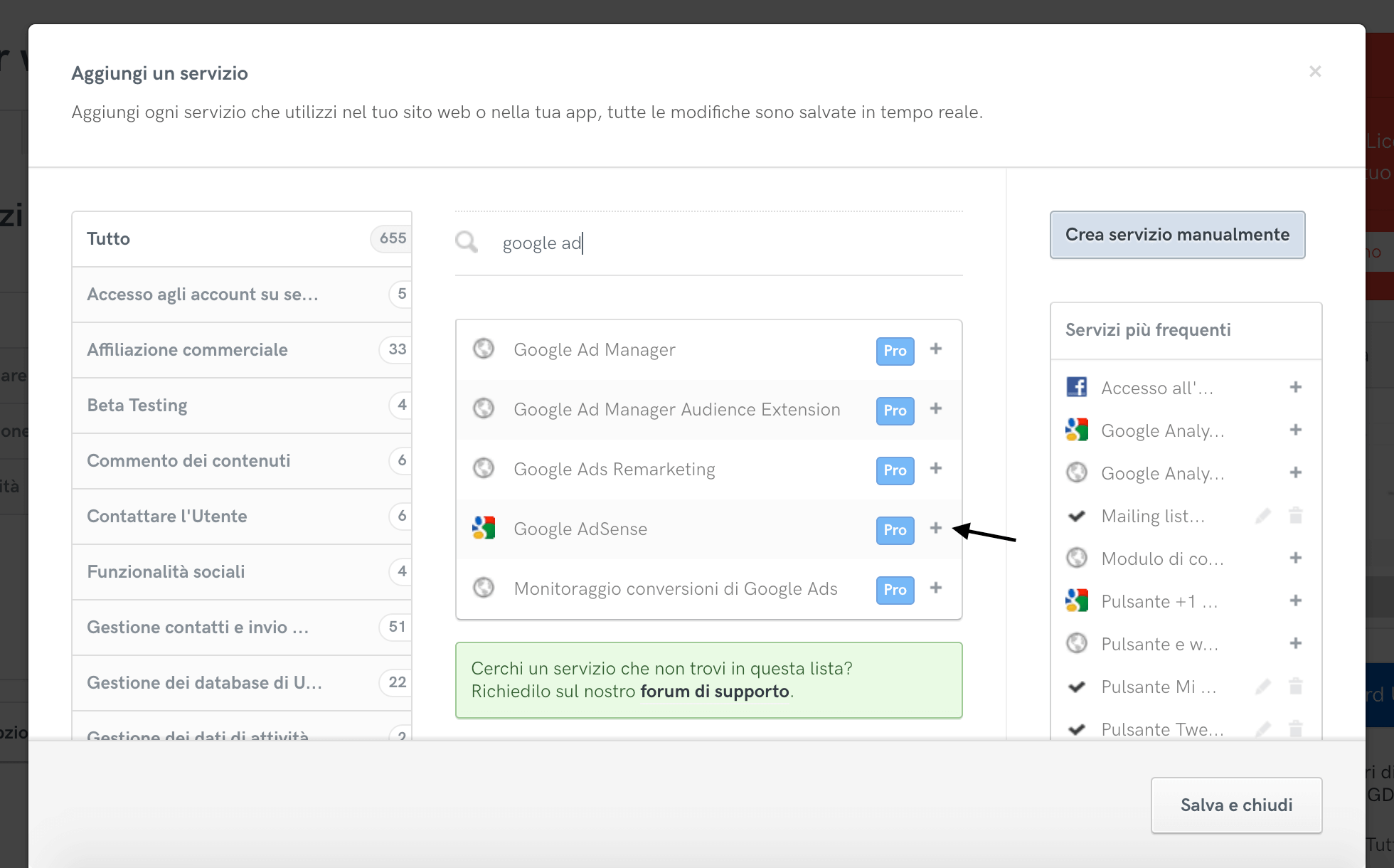 Aggiunta del servizio 'Google AdSense'