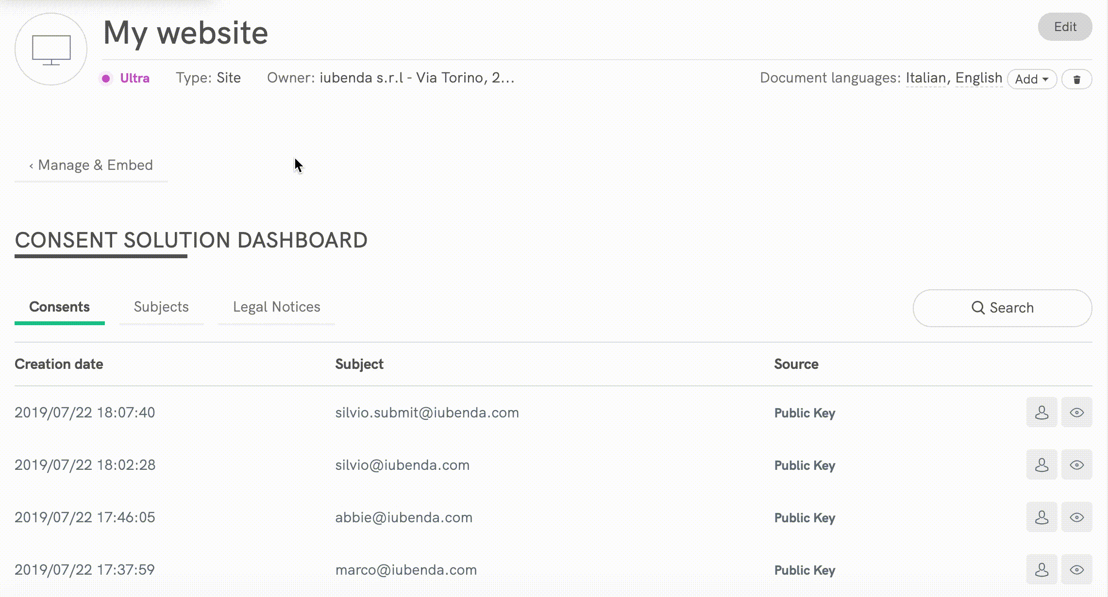 Consent Solution Dashboard - Consent, Subjects and Legal Notices