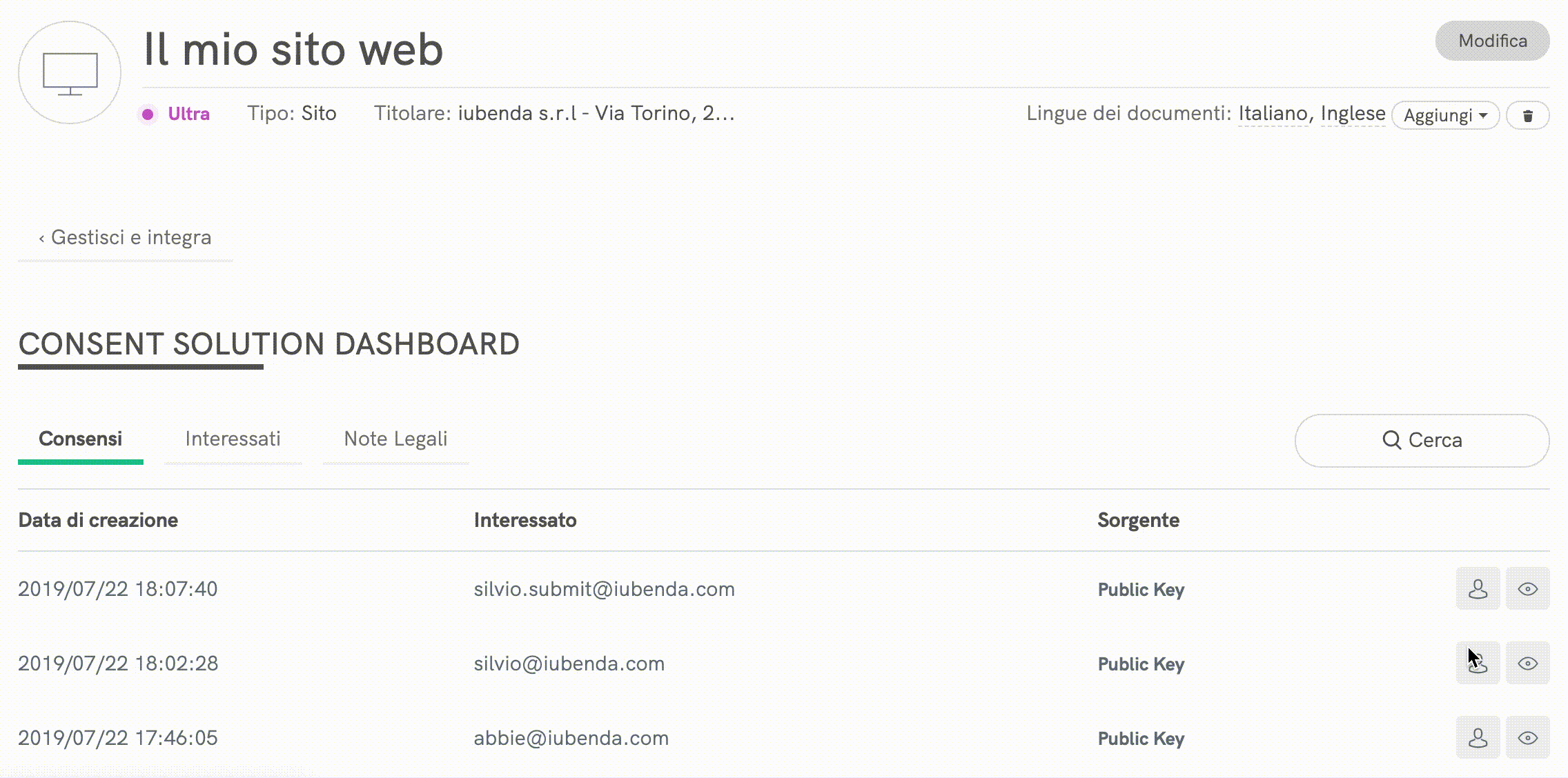 Consent Solution Dashboard - Dettaglio consensi, interessati e note legali