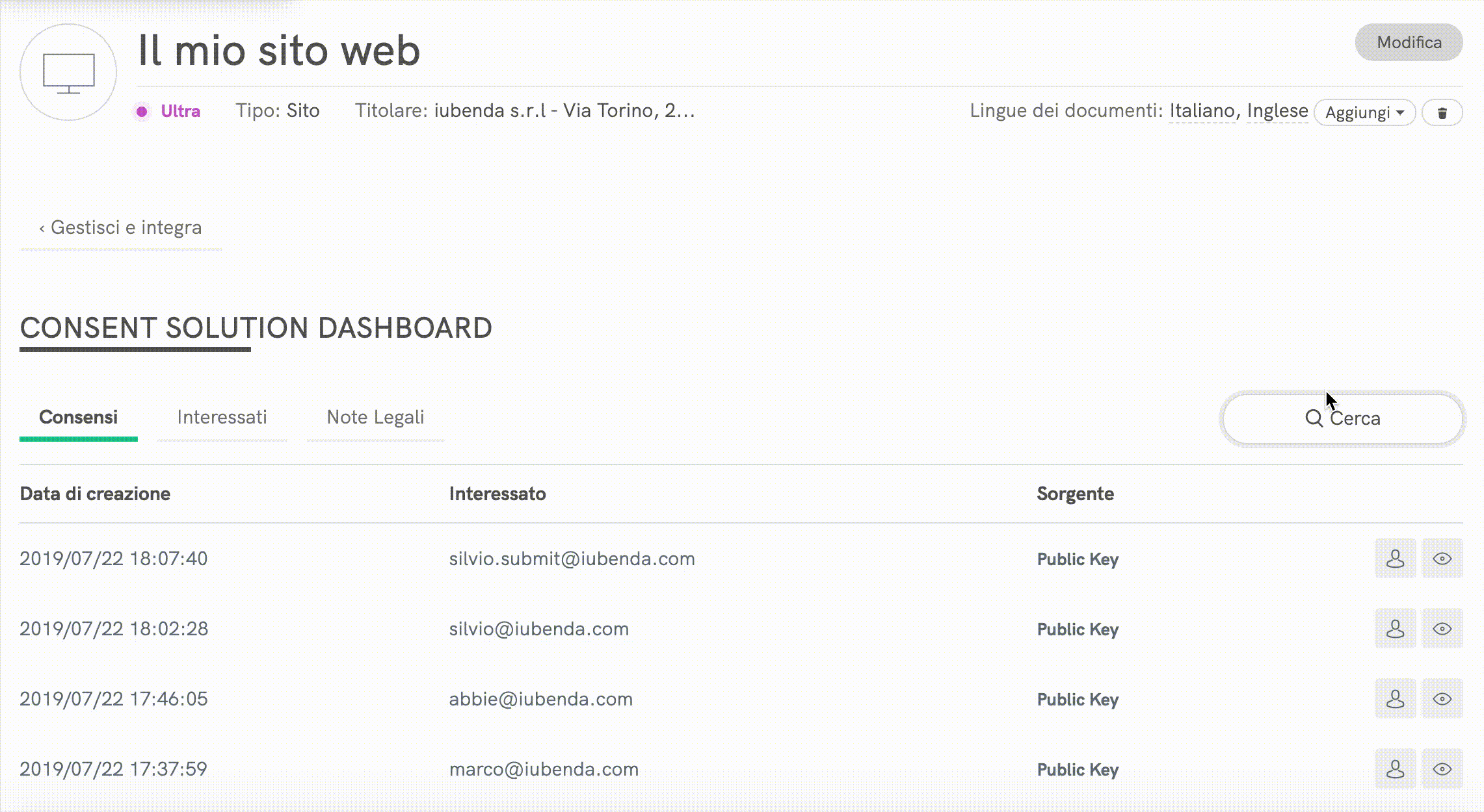 Consent Solution Dashboard - Ricerca consensi, interessati e note legali