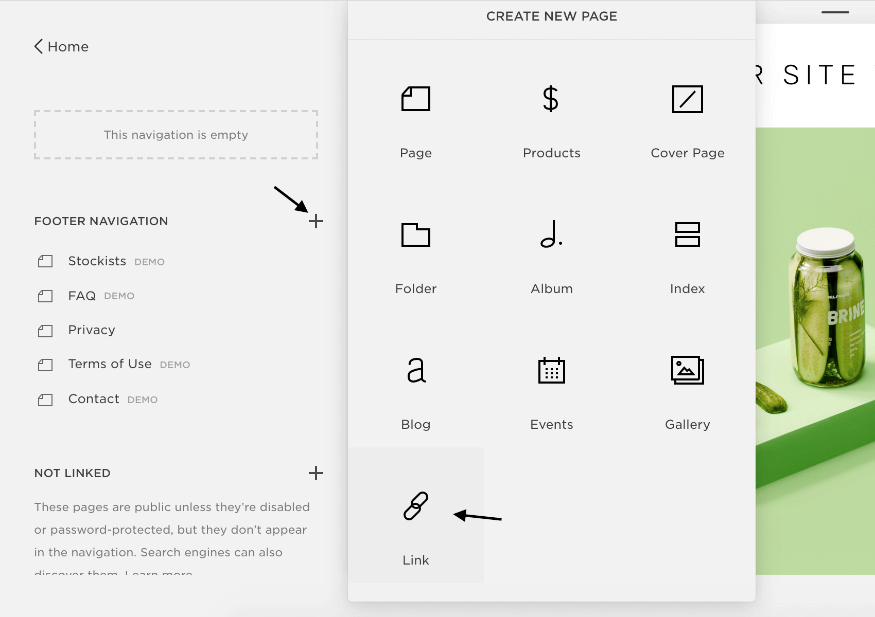 Squarespace - Create new page