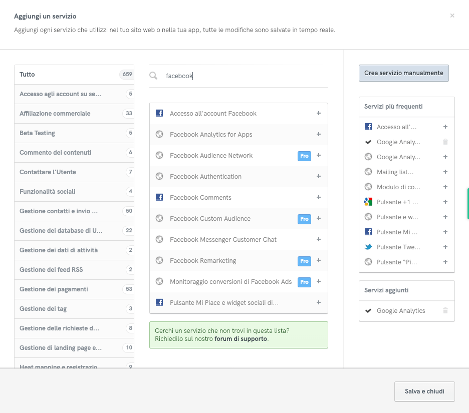 Aggiunta dei servizi Facebook alla privacy policy