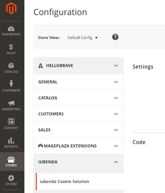 magento iubenda config menu