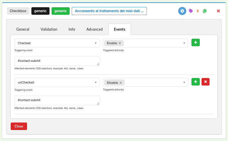 Chronoforms per Joomla! - Configurazione delle checkbox
