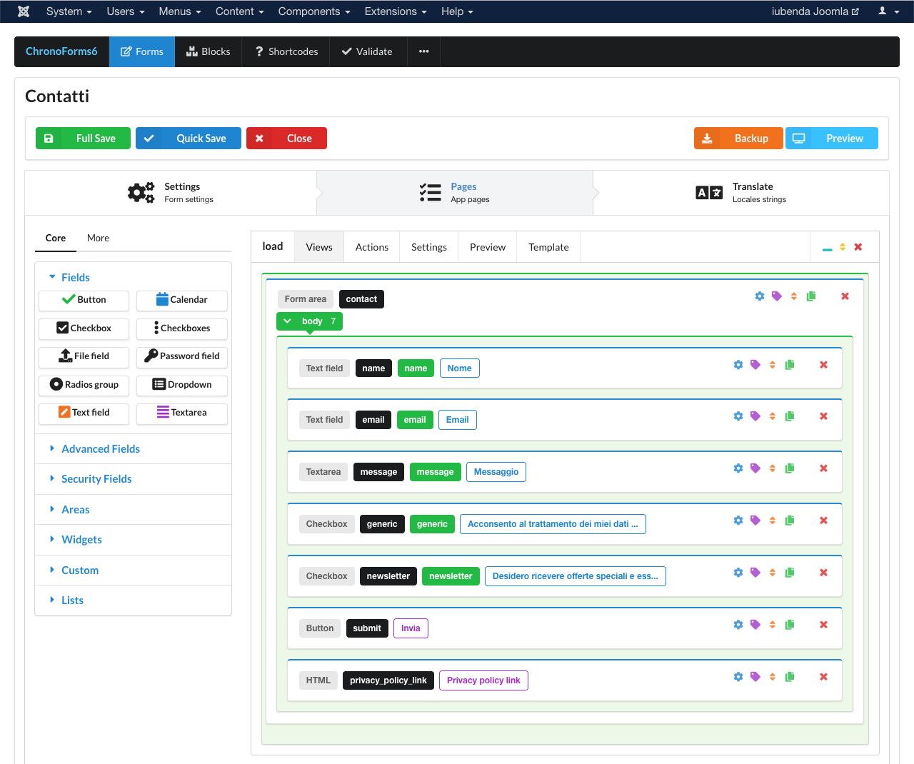 ChronoForms per Joomla! - Impostazioni del form