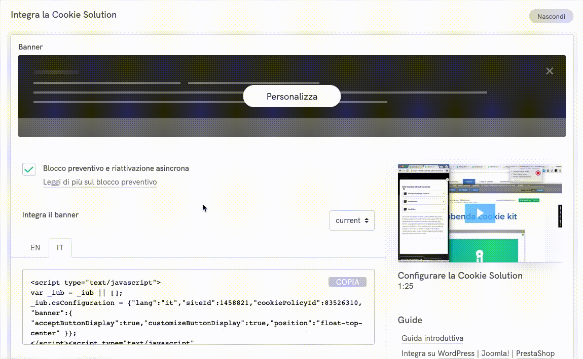 copia il codice di integrazione della Cookie Solution nel tuo sito