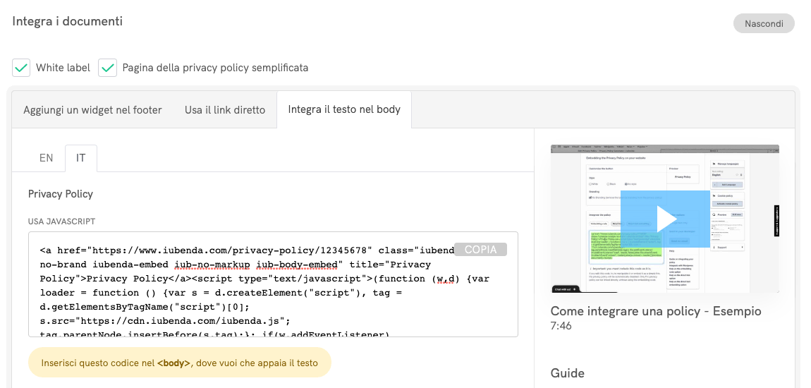 Privacy Policy di iubenda - Integra il testo in una pagina del tuo negozio Shopify