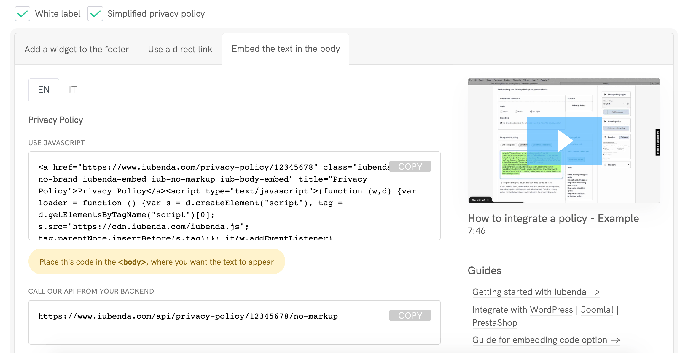 iubenda Privacy Policy - Direct Text Embedding