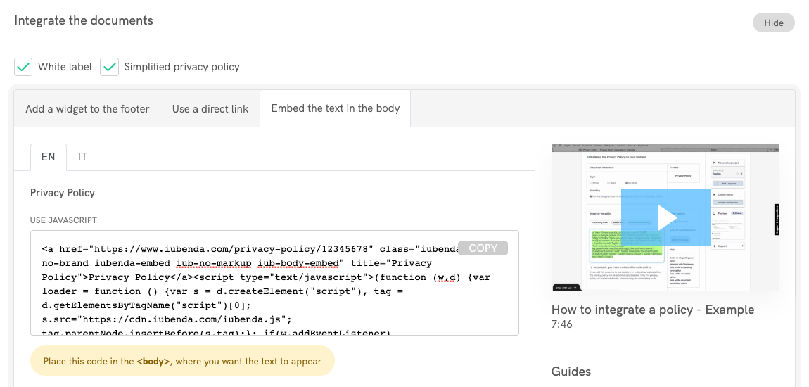 iubenda Privacy Policy for Shopify - Embed the text in the body