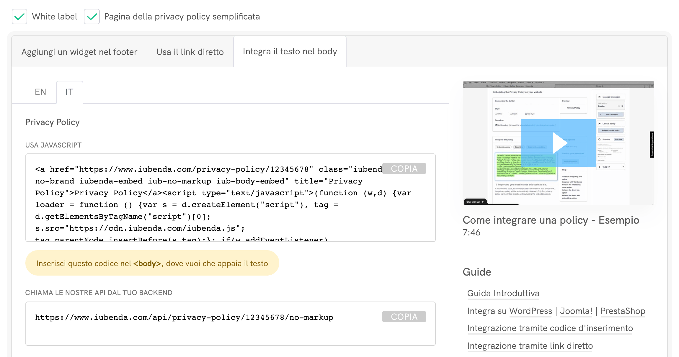 iubenda Privacy Policy - Integrazione via inclusione diretta del testo