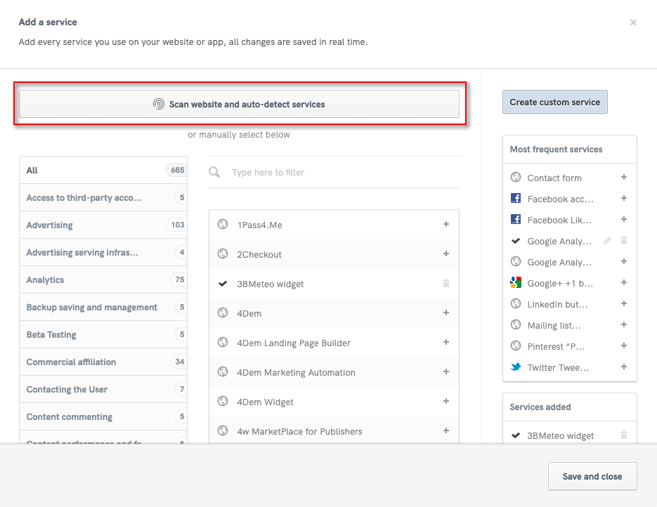 bouton iubenda scanner de site web dans fenêtre des services