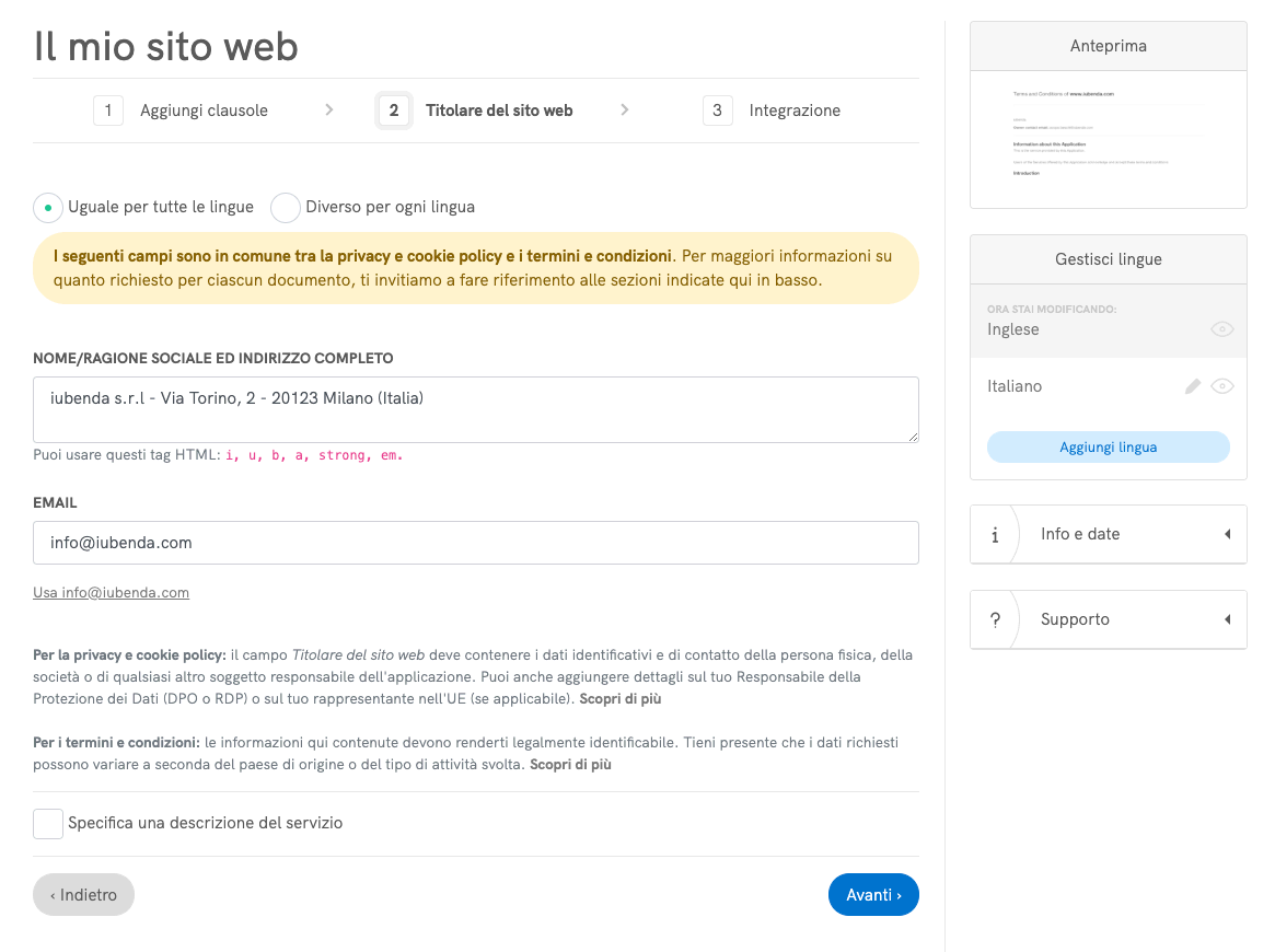 Termini e Condizioni - Titolare del sito web