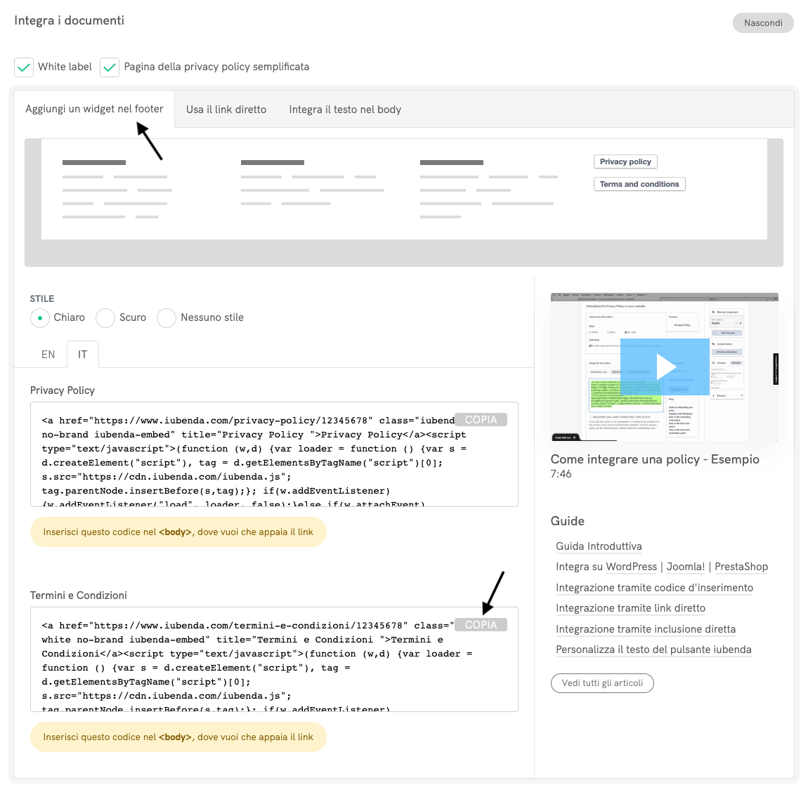 Termini e condizioni - Integrazione tramite widget nel footer