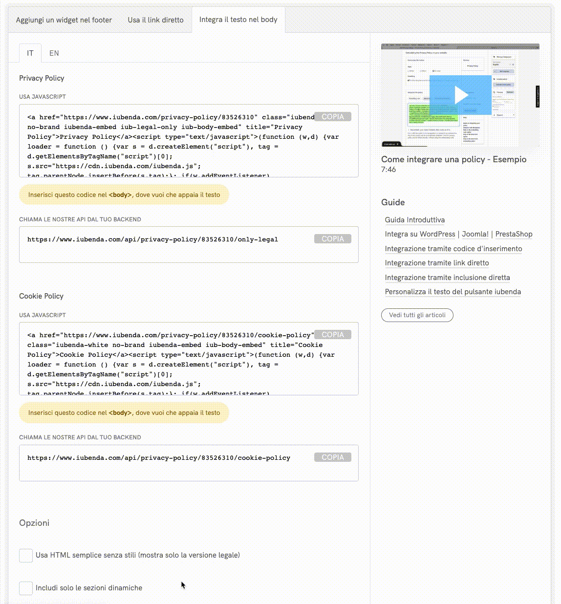 Inclusione delle sole sezioni dinamiche della privacy policy