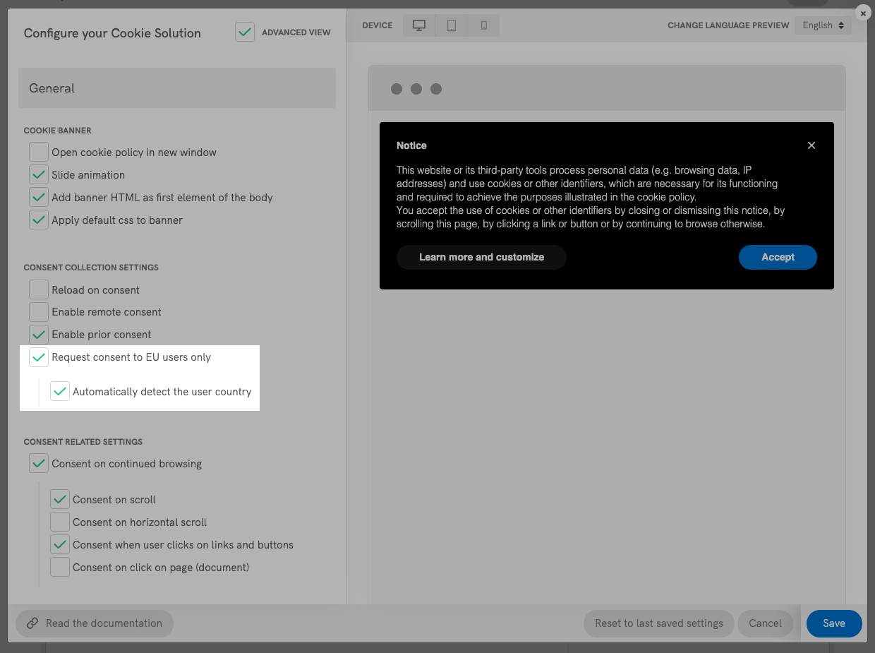 Cookie Solution - Request consent to EU users only