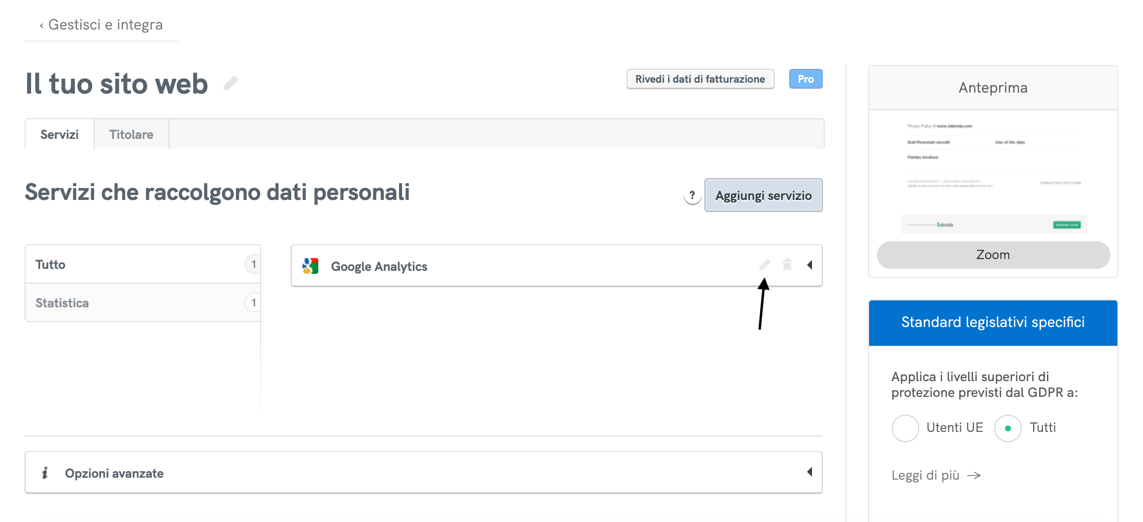 Modifica di un servizio incluso nella privacy policy