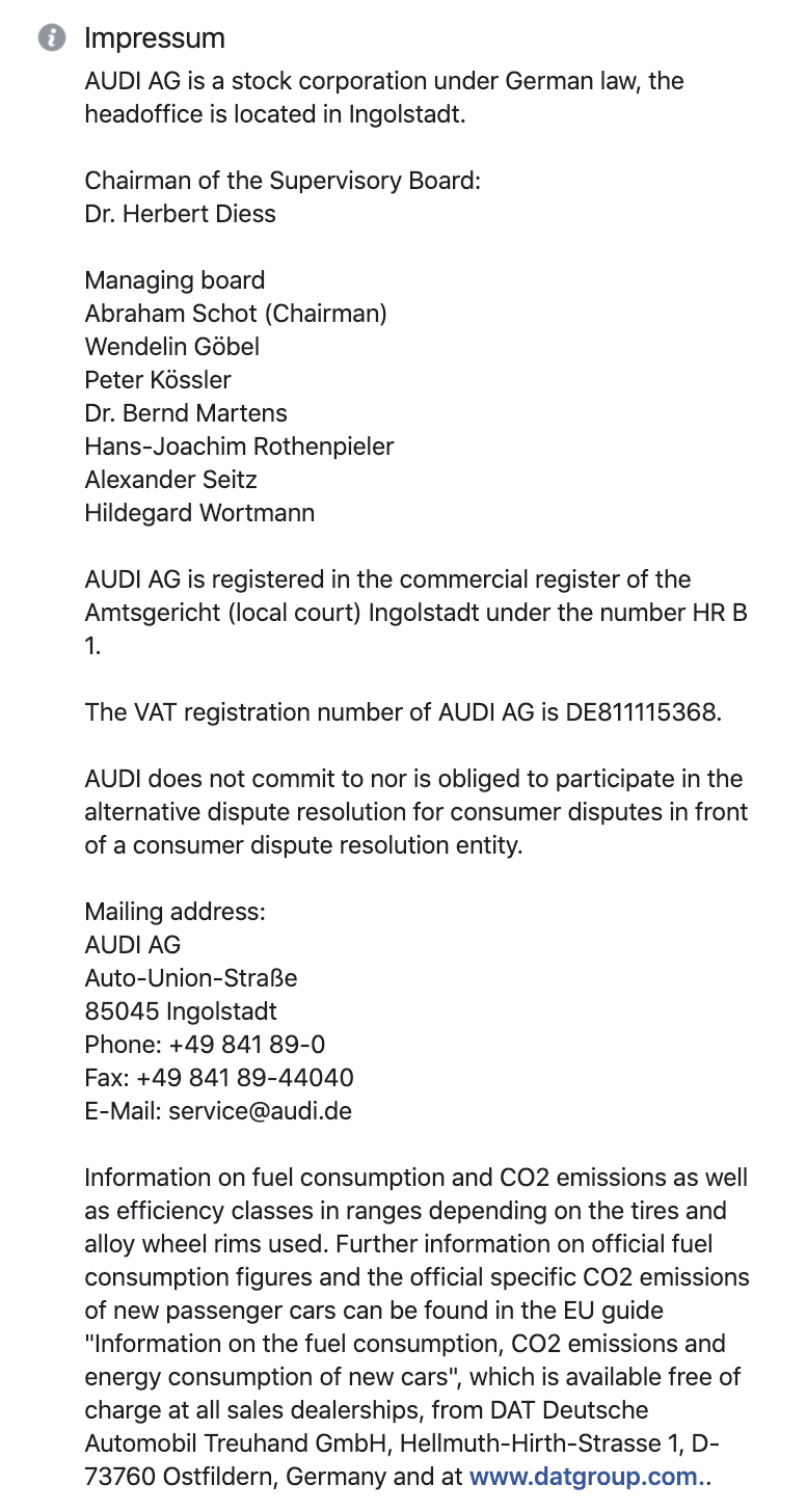 Facebook impressum example - Audi 