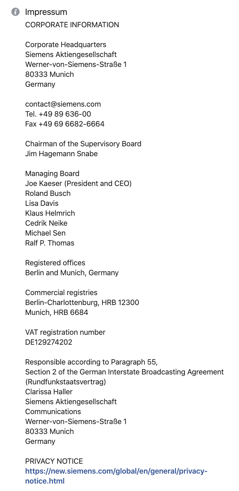 Facebook impressum example - Siemens 