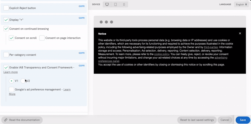TCF v2.0 available from within the configurator