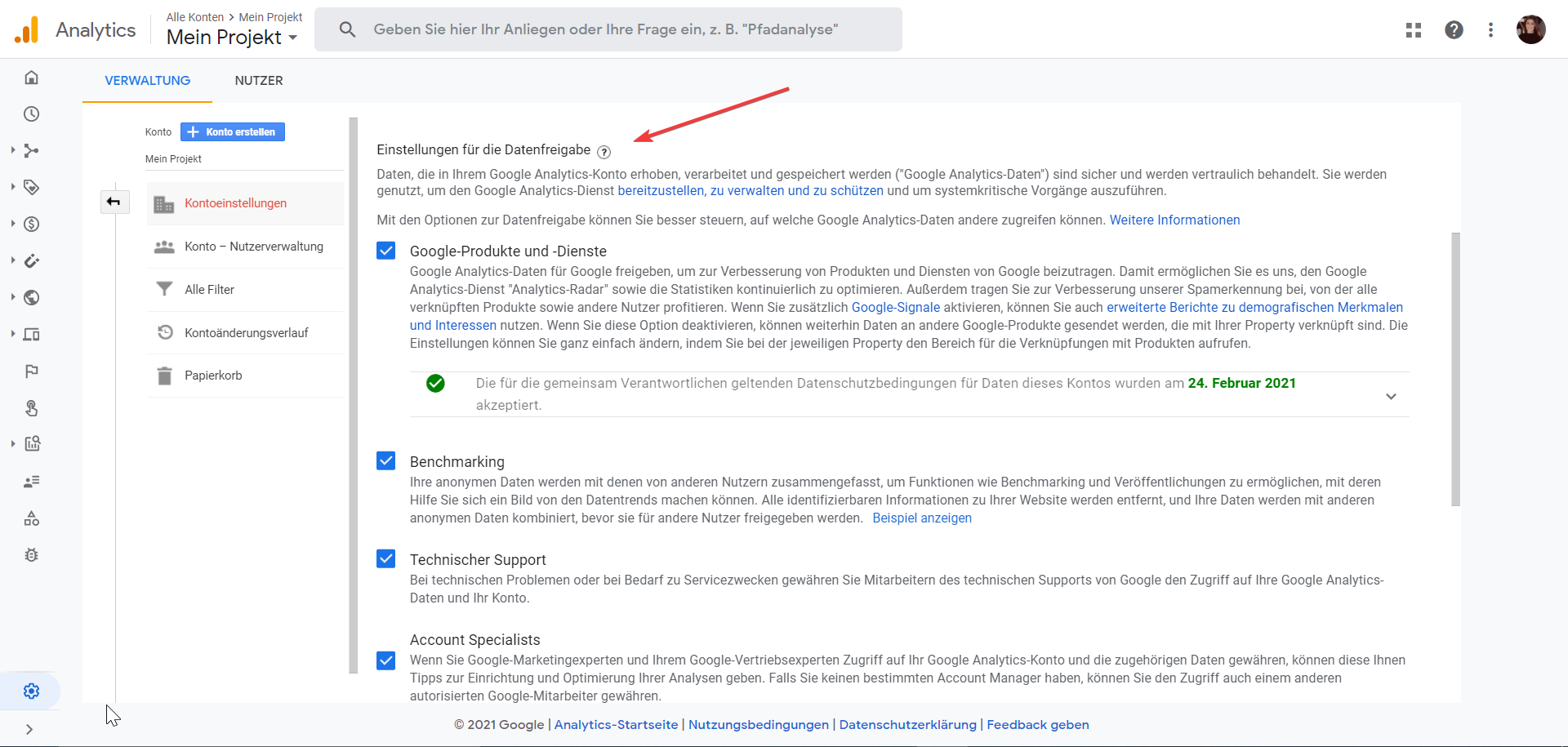 Google Analytics - Data Sharing Settings