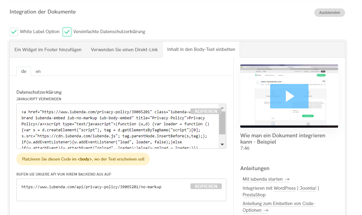iubenda Privacy Policy - Direct Text Embedding