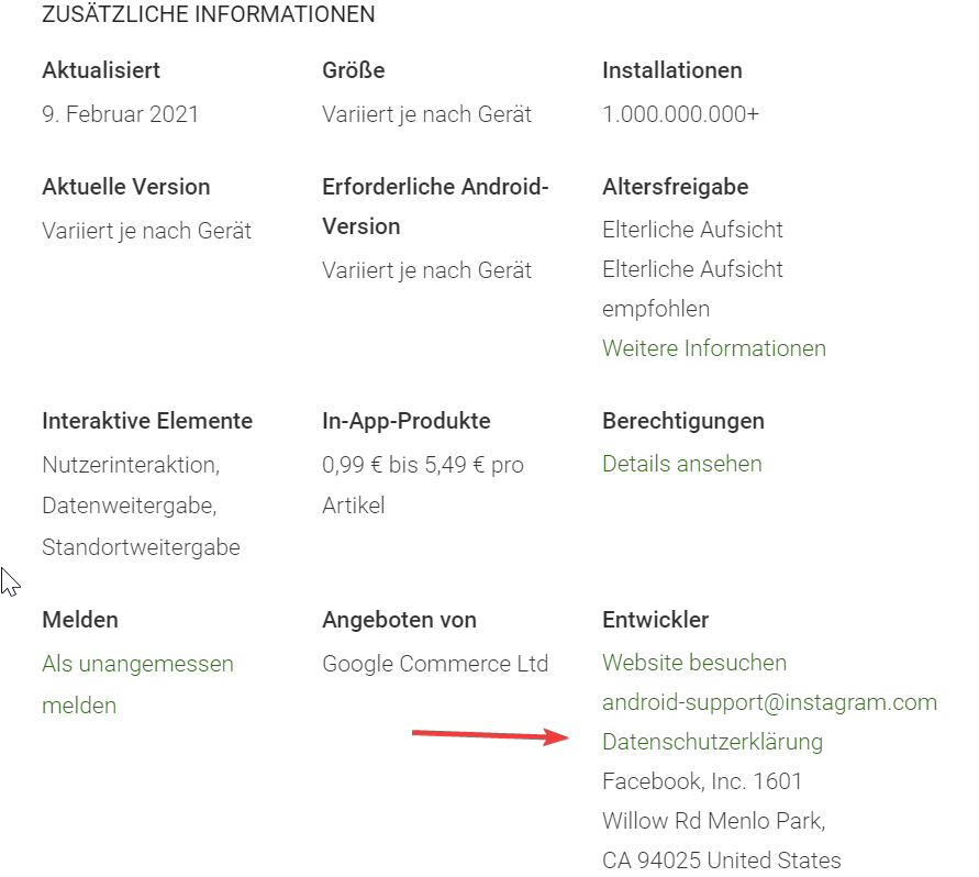 Instagram im Google Play Store - Link zu den Datenschutzerklärungen