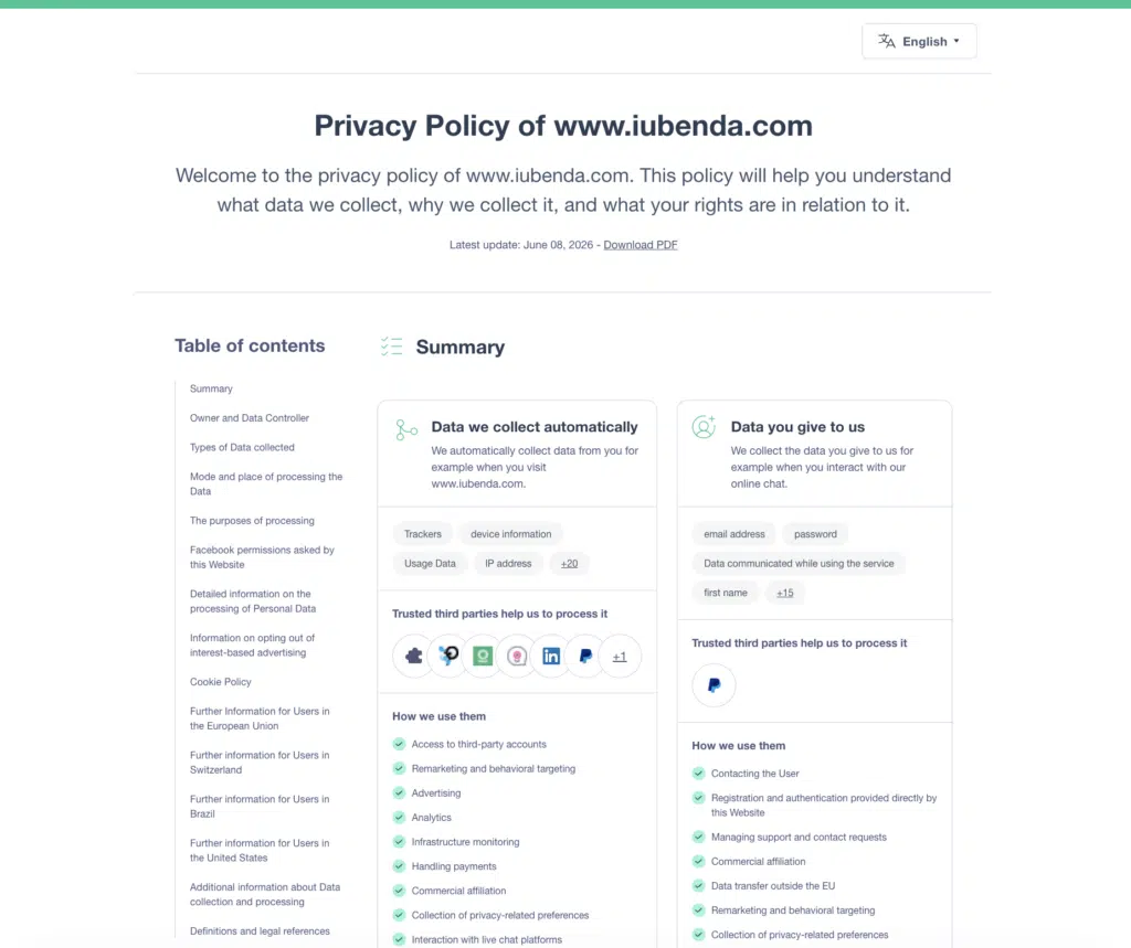 screenshot of privacy policy example