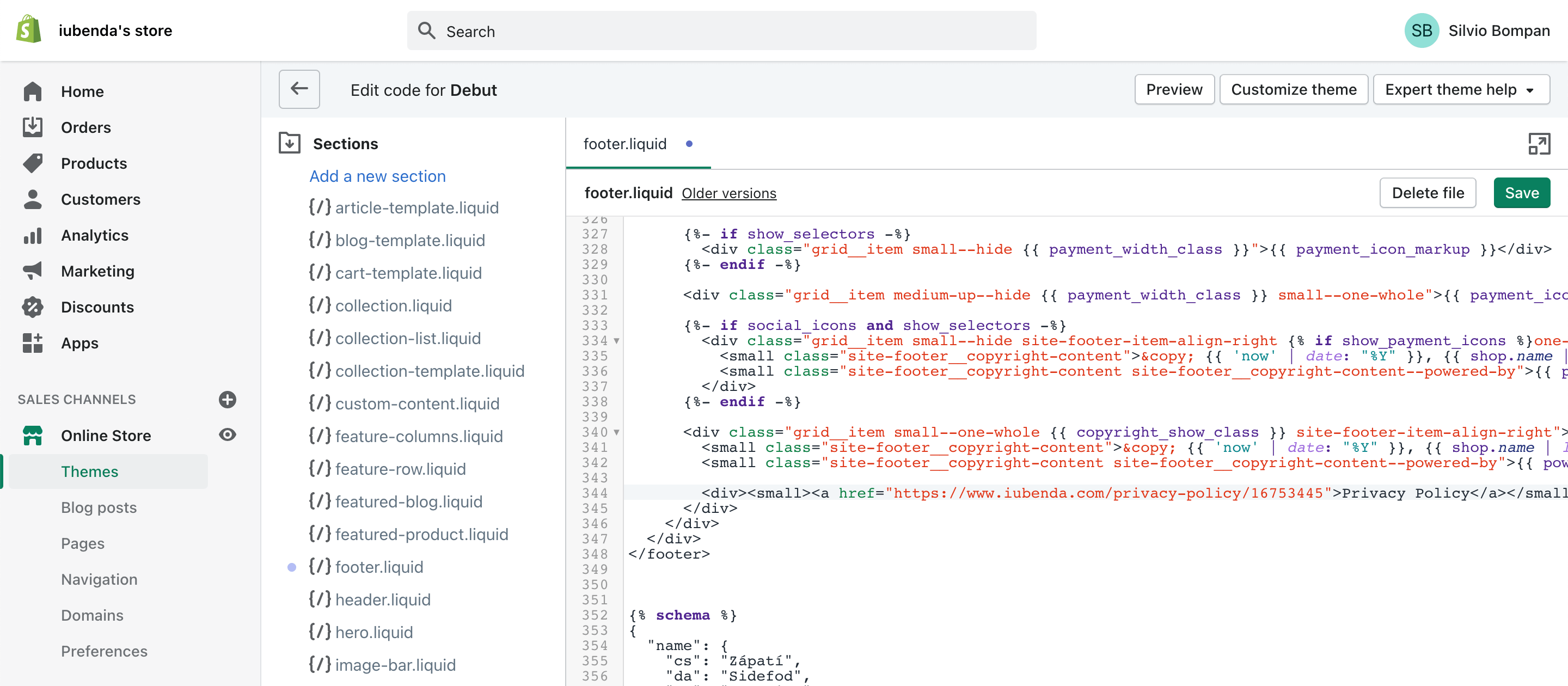 Shopify + iubenda: Privacy Policy link