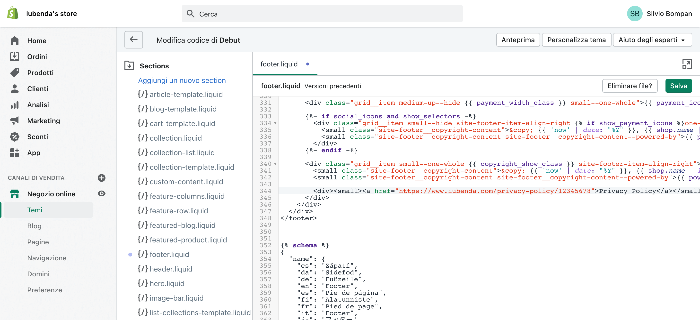 Shopify e iubenda - Modifica section footer.liquid