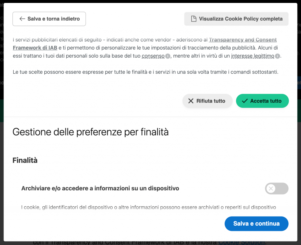 iubenda Cookie Solution e TCF 2.0 - Gestione delle preferenze di tracciamento della pubblicità per finalità