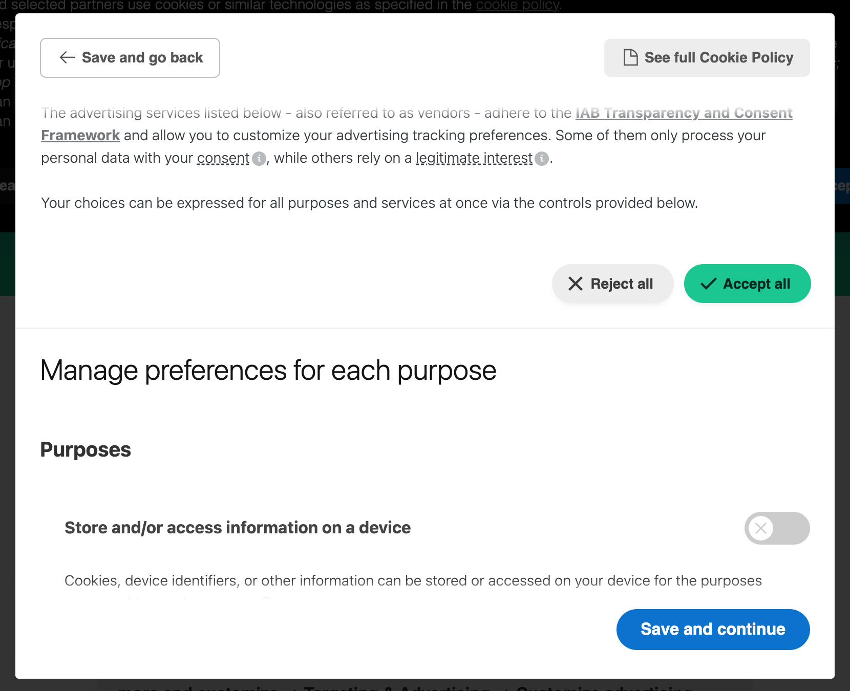 TCF Einstellungen für Werbetracking - iubenda Cookie Solution