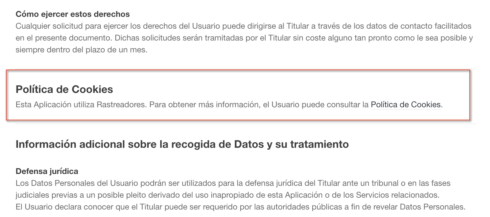 Cookie policy section inside the privacy policy