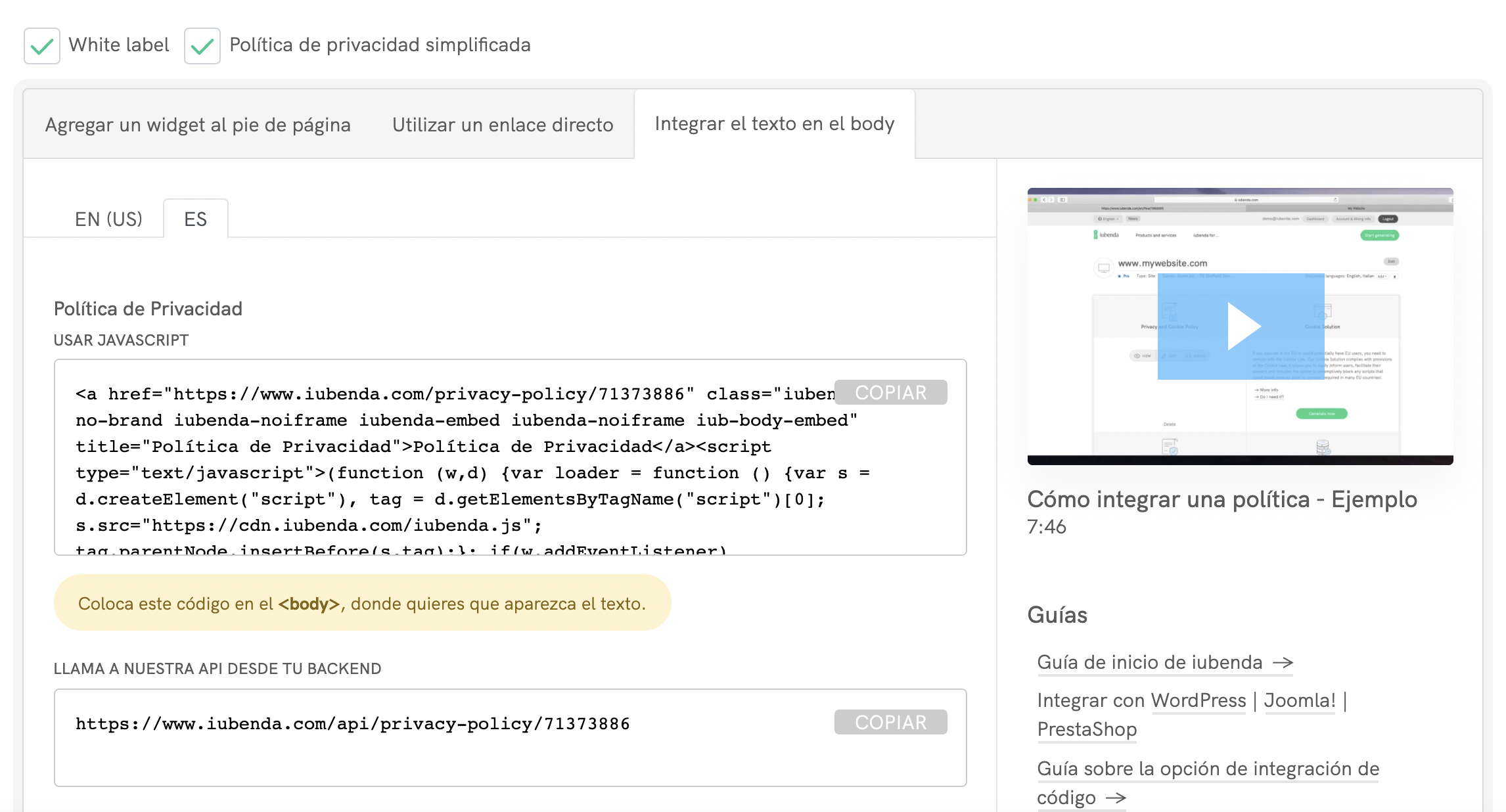 Política de Privacidad: integración directa de texto