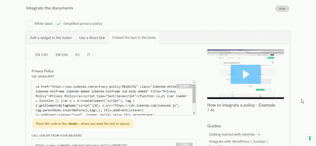 Terms and conditions direct text embedding
