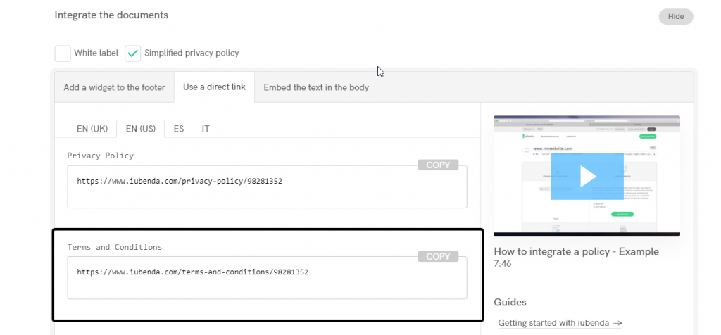 Terms and conditions for Wix websites with iubenda