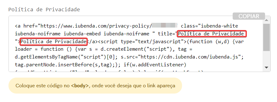 Localização do botão 'Política de Privacidade'