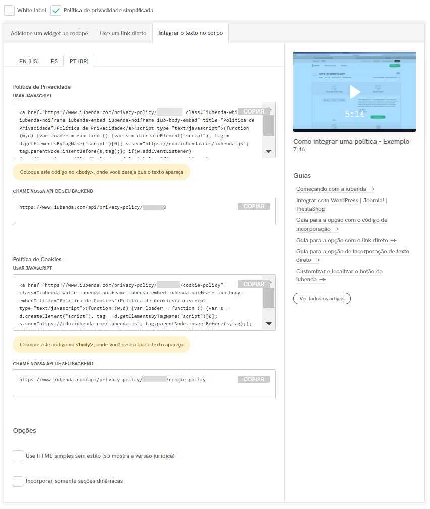 Política de Privacidade - inclusão de texto direto