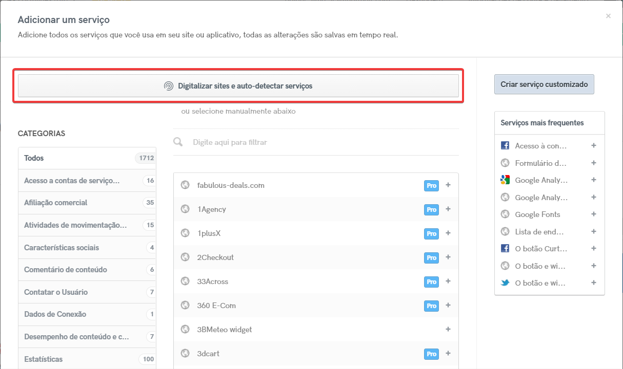 Botão do Site Scanner da iubenda na janela de serviços