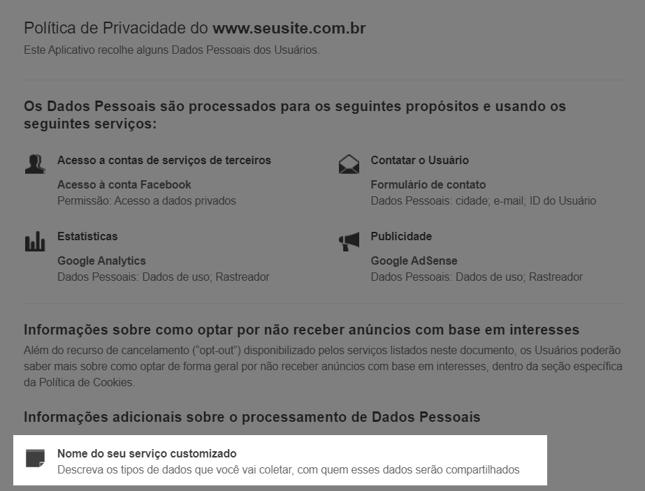 Informações adicionais sobre dados pessoais