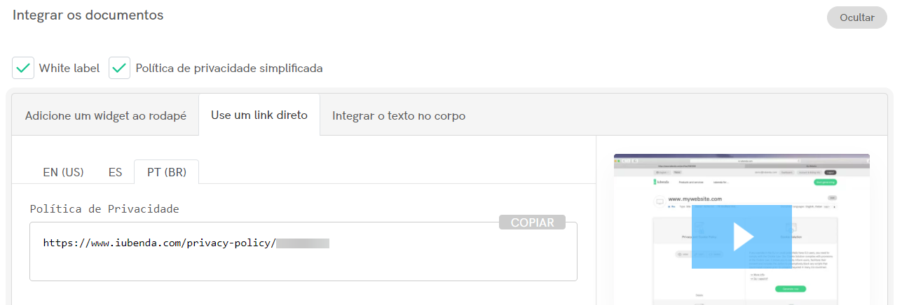 política de privacidade iubenda - usar um link direto