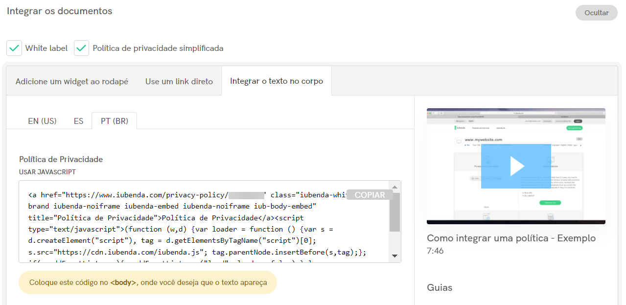 política de privacidade iubenda - integrar texto no corpo