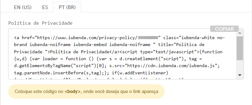 Exemplo do código de integração da política de privacidade