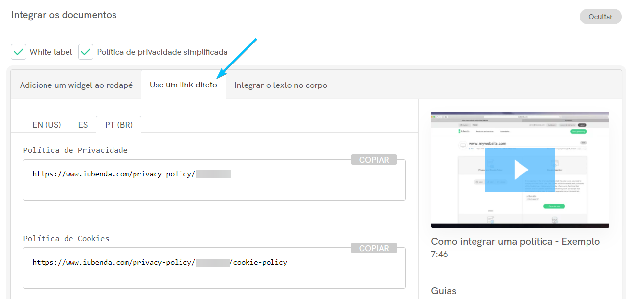 integração com link direto iubenda