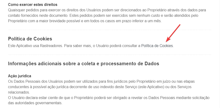 Link da Política de Cookies dentro da política de privacidade completa